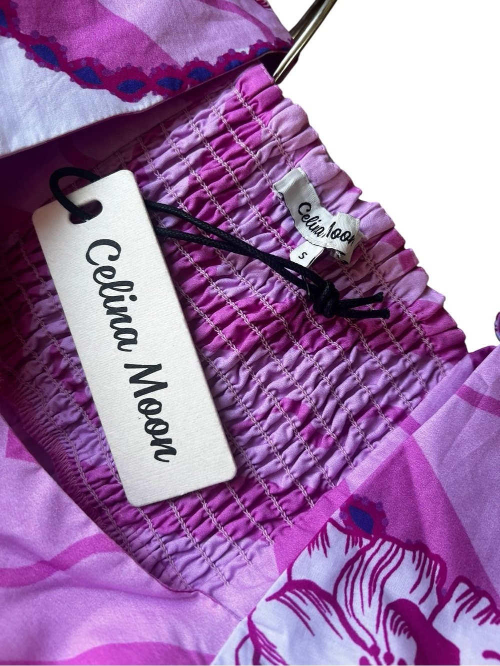 Celina Moon Pink Chevron Floral Border Mini Dress Puff Sleeve Square Neck S NWT - Picture 9 of 12